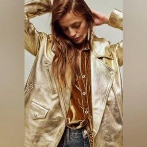 Free People We the Free Jealousy Leather Moto Jacket in Gold Metallic Size L